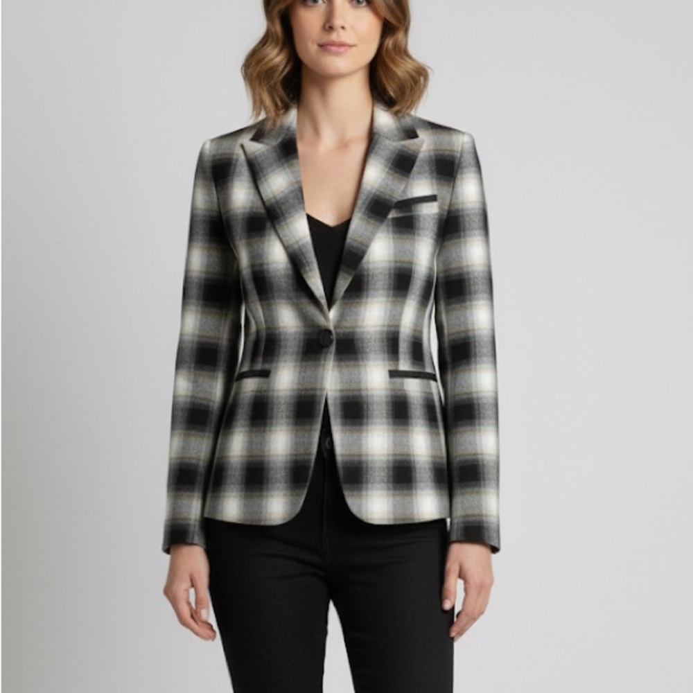 NWT Plaid Single-Button Blazer Black/White Lined Jacket